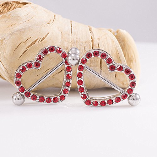 14G Stainless Steel CZ Paved Heart Nipple Rings Nipple Piercing Jewelry for Women 7/8 Inch 22mm - color: Silver - Red CZ