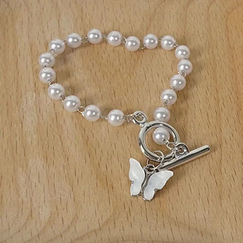 Pearl Beaded Bracelet with White Butterfly Charm, Toggle Clasp, Silver Tone