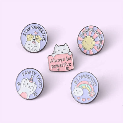 2pc Stay Pawsitive Always Be Pawsitive Enamel Lapel Pin Set Cute Cat Dog brooch metal badge Cartoon Animal Jewelry Accessory