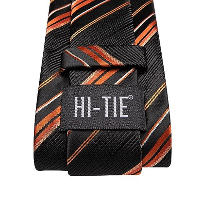 Hi-Tie Men's Silk Ties Formal Woven Classic Necktie Pocket Square Cufflinks Lapel Pin Set Wedding Business - color: Black and Deep Orange