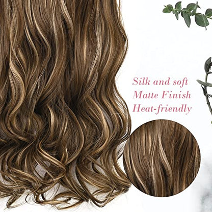 REECHO 20" 1-pack 3/4 Full Head Curly Wave Clips in on Synthetic Hair Extensions HE008 Hair pieces for Women 5 Clips 4.5 Oz Per Piece - Chocolate Brown with Blonde Highlights - color: Chocolate Brown with Blonde Highlights, size: 20 Inch (Pack of 1)