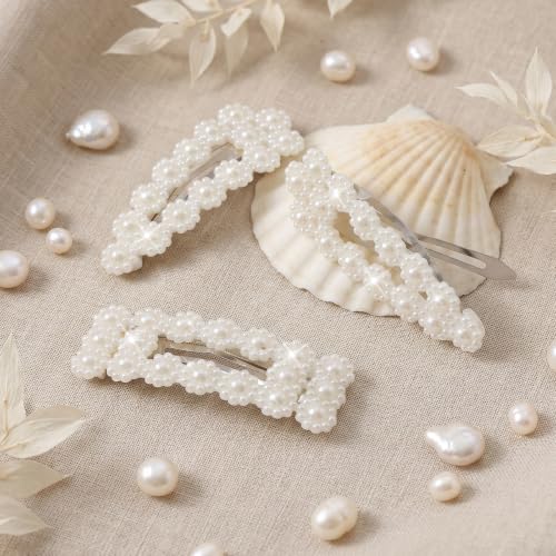 6 Pcs Pearl Hair Clips, 2 Style Snap Barrette Pearl Hair Pins for Women | Elegant Hair Accessories for Wedding Party Daily Styling