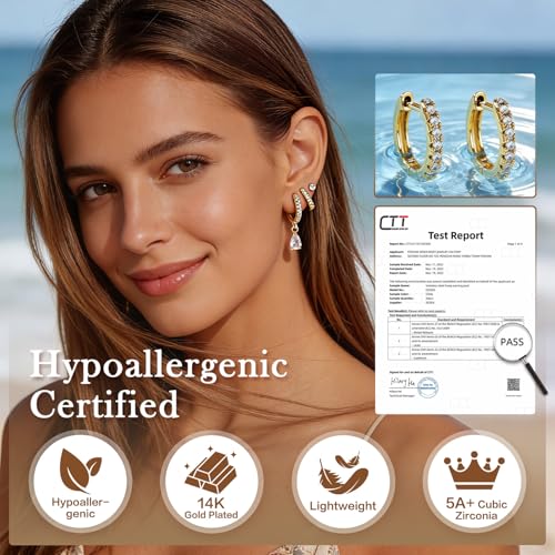 14K Gold Hoop Dangle Stud Earrings Surgical Steel Helix Piercing | Hypoallergenic,Cubic Zirconia,3 Pairs Huggie Hoop Set for Women,Dangle Stud,Cartilage Tragus Conch Earring,Jewelry Gift - color: A6-Gold Teardrop CZ