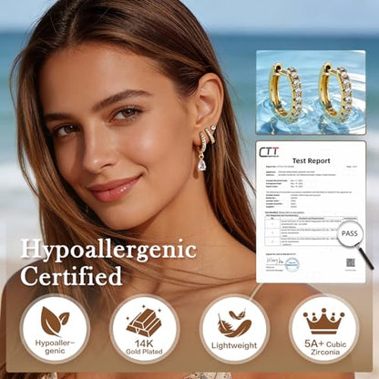 14K Gold Hoop Dangle Stud Earrings Surgical Steel Helix Piercing | Hypoallergenic,Cubic Zirconia,3 Pairs Huggie Hoop Set for Women,Dangle Stud,Cartilage Tragus Conch Earring,Jewelry Gift - color: A6-Gold Teardrop CZ