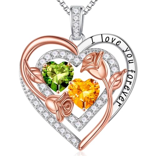 Iefil Heart Birthstone Necklace for Women - Double Birthstone Jewelry | 925 Sterling Silver, Gift Box Packaging, Anniversary Birthday Gifts for Women Wife Mom - color: 08-11-Aug-Nov Birthstone