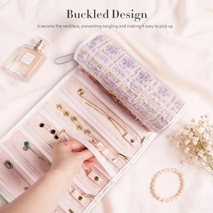 Abiudeng Tweed Travel Jewelry Organizer Roll with 20 Compartments - Rhinestone Button, Anti-Tarnish & Tangle-Free Necklace Storage Bag, Velvet Lined Scratch Protection Case for Women - Purple - color: Purple