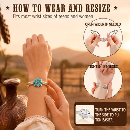 Wrangler Western Gold Turquoise Flower Open Cuff Bracelet for Women | Hand-Engraved Floral, Adjustable, Gold Plated Bangle, Southwestern Navajo design, with gift box, AR-WG-AC-BC-114-GD-TQ