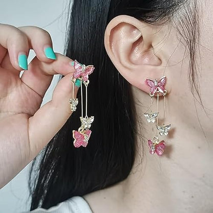 Purple Butterfly Tassel Earrings for Women Crystal Rhinestone Drop Earrings Animal Drop Dangle Charm Earrings - color: D-Pink