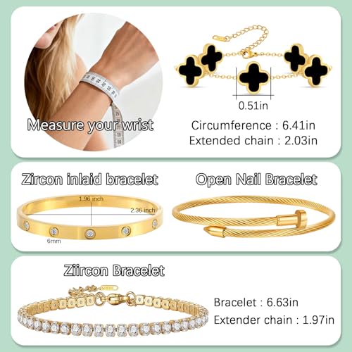 Gold Bracelets for Women, 18K Gold Plated Women Tennis Bracelets Clover Nail Love Bangle Bracelet Set, Gold Bracelet Stackable Set Trendy Jewelry, Gifts for Women's Day and Mother's Day - color: 10-Color- 4 Black