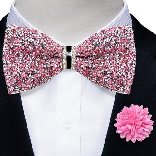 DiBanGu Mens Rhinestone Bow Tie with Ring and Lapel Pin Set | Adjustable Strap,Pre-tied Style,3PCS,Sequin Diamond Bowties，Solid/Mix Color,Shiny Accessory,for Party Prom Banquet Wedding - color: Pink