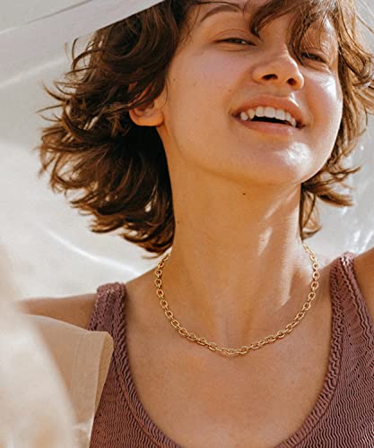 Aobei Pearl 18K Gold Plated Paperclip Chain Choker Satellite Chain Freshwater Cultured Biwa Pearl Pendant Necklace Dainty Turquoise Jewelry for Women - color: Cable Chain