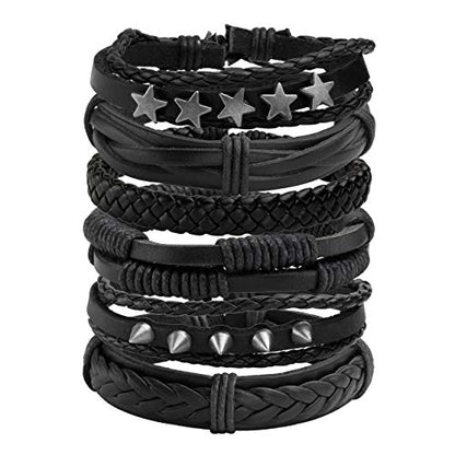 6-12PCS Braided Faux Leather Bracelet Punk Cuff Wrap Bracelets for Men Women Adjustable - color: B:6pcs