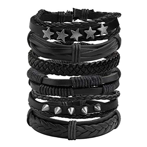 6-12PCS Braided Faux Leather Bracelet Punk Cuff Wrap Bracelets for Men Women Adjustable - color: B:6pcs