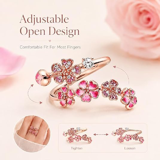 Peach Blossom Adjustable Ring, Pink Floral, Crystal Accents, Open Band, for Women, Romantic Cherry Blossom Style, Gift for Birthdays, Weddings - color: BLUE