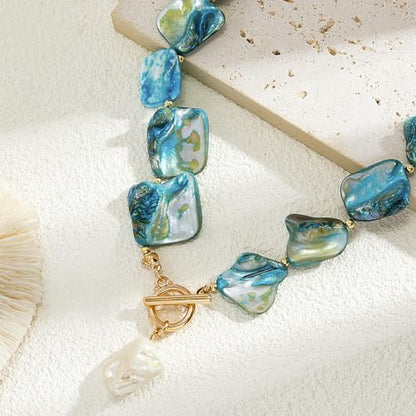 Boho Chunky Shell Necklace for Women Baroque Pearl Pendant Necklaces Irregular Shell Beaded Choker Necklace Trendy Vacation Jewelry Accessories - color: Blue