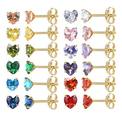 12 Pairs 18K Gold Plated Surgical Stainless Steel Stud Earrings, Star Heart Square Stud Earring for Women, Cubic Zirconia Birthstone Stud Earrings Set - color: Gold heart 3mm