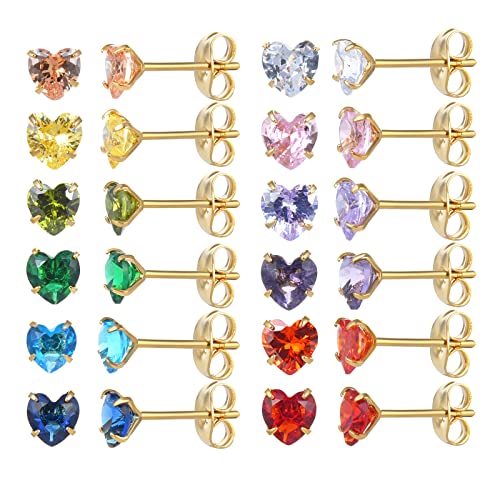 12 Pairs 18K Gold Plated Surgical Stainless Steel Stud Earrings, Star Heart Square Stud Earring for Women, Cubic Zirconia Birthstone Stud Earrings Set - color: Gold heart 5mm