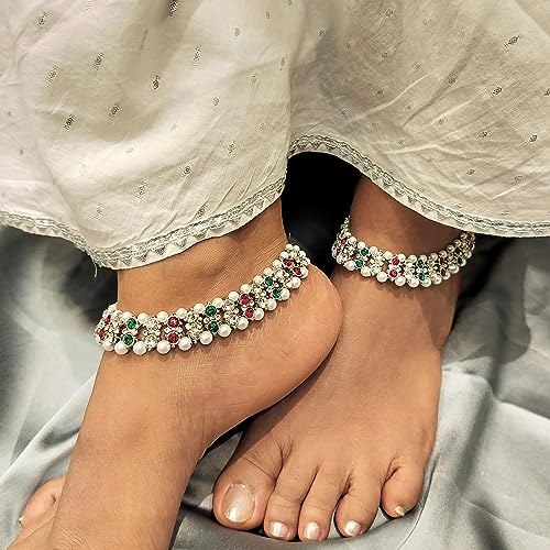 Efulgenz Indian Anklet Bracelet Bridal Crystal Faux Pearl Jhanjara Payal - color: Silver Multi