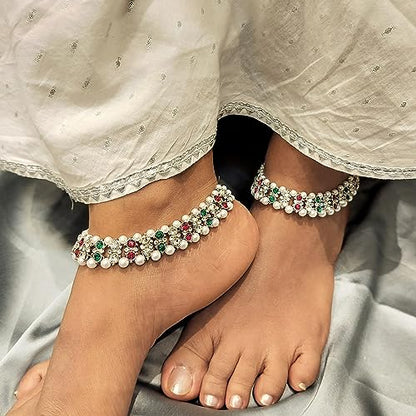 Efulgenz Indian Anklet Bracelet Bridal Crystal Faux Pearl Jhanjara Payal - color: Silver Multi