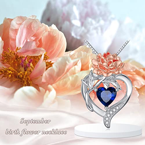 TOUPOP Birth Flower Necklace 925 Sterling Silver Heart Birthstone Pendant Necklaces Birth Month Floral Jewelry Birthday Valentines Day Mothers Day Gifts for Women Wife Mom - style: 9-September-Peony