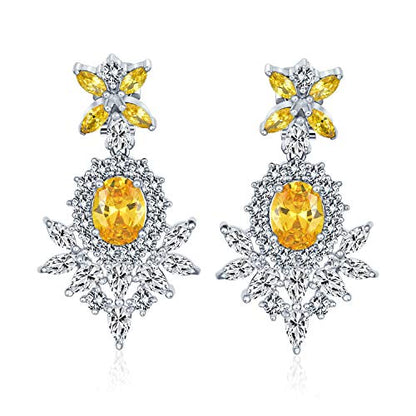 Cocktail Leaf Motif Multi Color CZ Chandelier Clip-On Earrings Silver Plate - color: Yellow