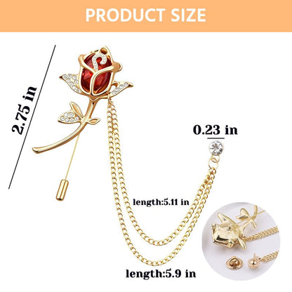 Crystal Rhinestone Flower Brooch Pin Rose Lapel Pins for Men Hanging Chain Brooch Suit Pin Mens Flower Lapel Pins for Suits - color: Red