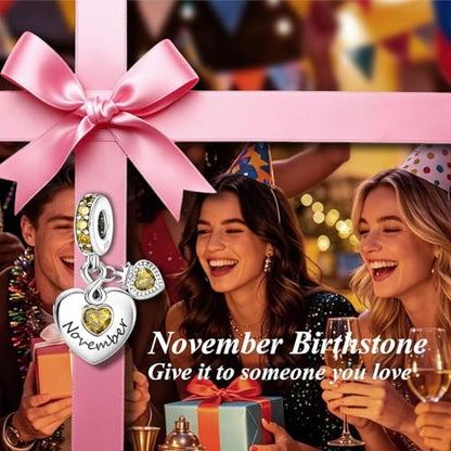 BLUELUNE Birthstone Charms, 925 Sterling Silver Dangle Charm with 5A Cubic Zirconia for Bracelets or Necklaces, Birthday, Mother's Day Present for Women - color: November