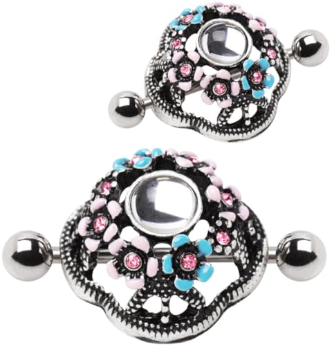 Nipple Shield Ring Flower Field Design with Pink & Blue CZ | 316L Stainless Steel, 14GA Externally Threaded, Clear Dome Center Stone, Enamel Floral Accents, 14mm Wearable Size