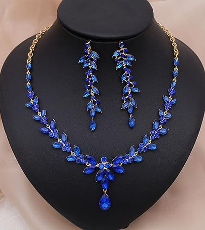 CSY Elegant Bridal Jewelry Sets Wedding Prom Homecoming Gown Accessories | Austrian Marquise Crystal Wedding Necklace Dangle Earrings Tennis Bracelet Ring Set for Bride Women Costume Accessories - color: royal blue-gold tone