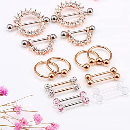 Cisyozi 16G 14G Nipple Piercing Jewelry Tongue Rings Hypoallergenic Surgical Steel Screw Nipple Tongue Shield Ring Barbell Body Piercing Jewelry Retainer for Women 9/16 Inch 14mm - color: D:14G(1.6MM)-8Pairs - Rose Gold
