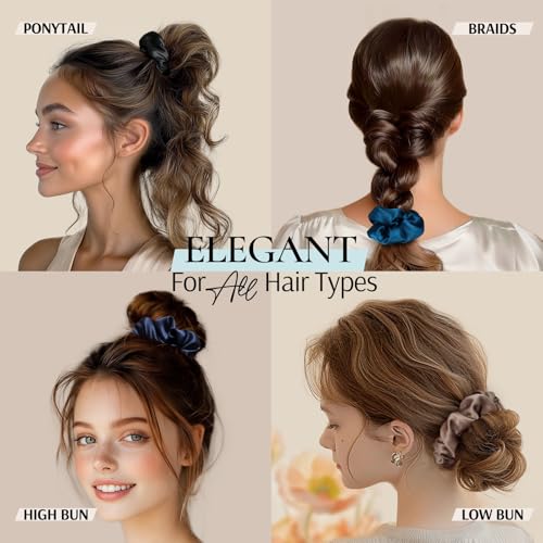 Zenssia Silk Scrunchies for Hair, Mulberry Silk Hair Ties for Women and Girls, No Damage Elastic Ponytail Holders（Black, Navy, Silvergrey） - color: Black Navy Silvergrey
