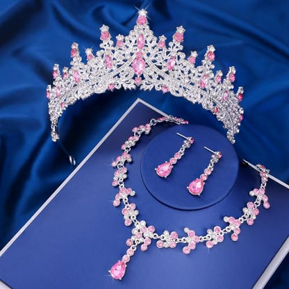 Crystal Crown and Tiara Jewelry Set for Women Bride with Necklace Earrings | Metal Rhinestone Royal Queen Princess Jewelry Set Wedding Quinceanera Pageant Prom Birthday Halloween Party Costume Gift - color: Silver Pink