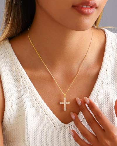 Cross Necklace for Women, 14K Gold Plated Cubic Zirconia Cross Pendant Necklace, Trendy Christian Jewelry Gifts for Baptism First Communion Christmas - color: Style G - Gold