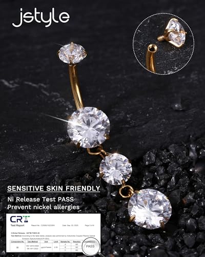 Jstyle G23 Titanium Belly Button Rings for Women 14G Internal Threaded | 14G Dangling Navel Ring, Hypoallergenic Belly Button Bar with Spacking AAAAA+ Cubic Zirconia, 10mm Bar Length Belly Piercing - color: Gold Plated: Dangling