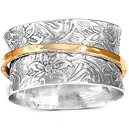 JUDE Stainless Steel Floral Pattern Chunky Size Rotating Spinner Band Ring - color: Silver Gold