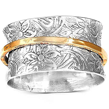 JUDE Stainless Steel Floral Pattern Chunky Size Rotating Spinner Band Ring - color: Silver Gold