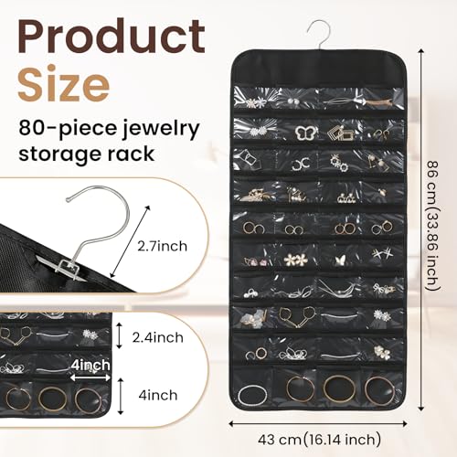Black Hanging Jewelry Organizer, 80 Pockets Double-Sided, Wall Door Closet Storage for Earrings Necklaces Rings