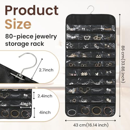 Black Hanging Jewelry Organizer, 80 Pockets Double-Sided, Wall Door Closet Storage for Earrings Necklaces Rings