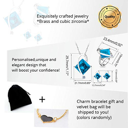 Uloveido Charm Created Topaz Big Square Crystal Necklace Matching Stud Earrings Rings Jewelry Set T295 - color: Blue