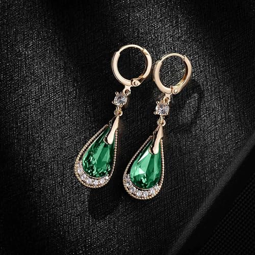 Trendy Austrian Crystal Teardrop Drop Huggie Dangle Earrings for Women 14k Rose Gold Plated Hypoallergenic Jewelry Gifts - color: Green
