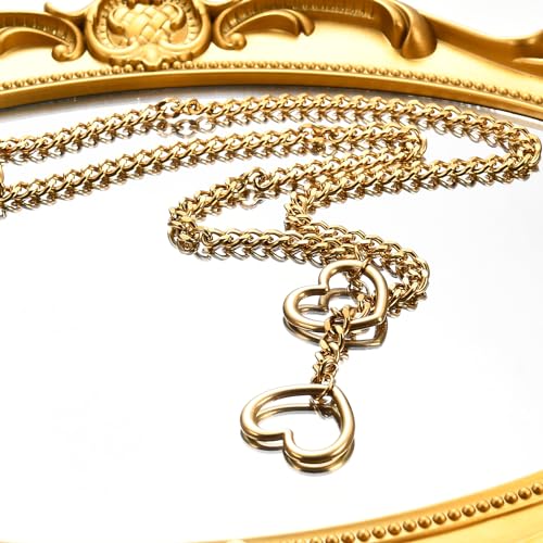 Qitian Stainless Steel Adjustable Lariat Y-Necklace for Men,Punk Gothic Cuban Necklace Jewelry,Heart O-ring Slip Chain Necklace for Women - color: Gold