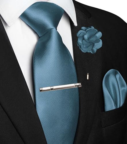 JEMYGINS Formal Necktie Solid Color Tie and Pocket Square with Tie Clip Lapel Pin Sets for Men 4PCS - color: Dusty Blue