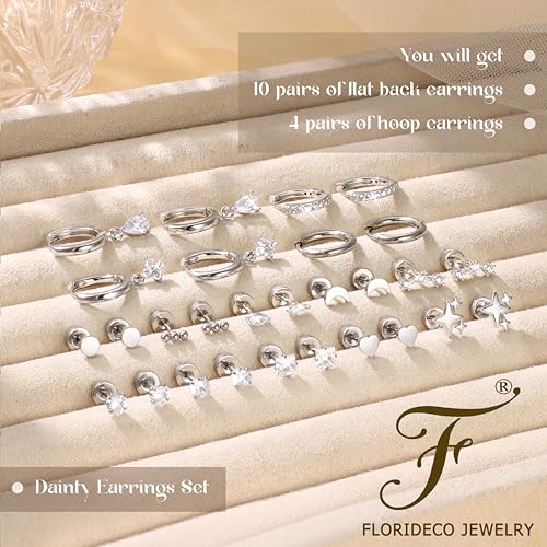 Florideco Hypoallergenic Flat Back Earrings for Women 14K Gold Plated Surgical Steel Stud Hoop Earrings for Sensitive Ears Stainless Steel Earrings Flatback Stud Cartilage Earring Set - color: Silver Plated Tone