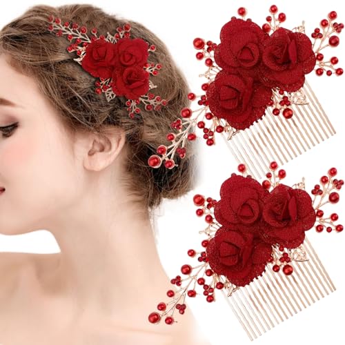 2 Pcs Red Flower Hair Comb Gold Rose Bridal Side Combs Floral Rhinestone Pearl Combs Vintage Decorative Crystal Emerald Headpiece Wedding Sparkly Hair Accessory for Women