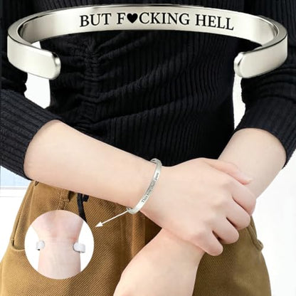 This Too Shall Pass But F*cking Hell Mantra Cuff Bracelets, Stainless Steel Inspirational Cuff Bracelets with Hidden Message Engraved Bracelet Open Adjustable Self-Reminder Bangle Motivational Jewelry for Women - color: Silver
