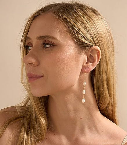 Long Pearl Earrings for Women 925 Sterling Silver Dangle Earrings | Hypoallergenic Dainty Dangle Drop Earrings, Elegant Pearl Jewelry for Bridal, Mother's Day Anniversary Birthday Jewelry Gift - color: Gold Pearl Dangle