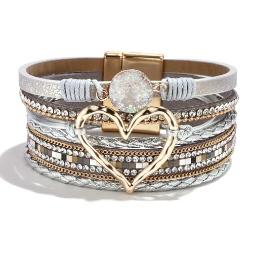 Heart Leather Bracelets for Women Chunky Warp Bracelet Western Boho Vintage Jewelry Country Concert Outfits - color: A1：silver leather warp bracelet