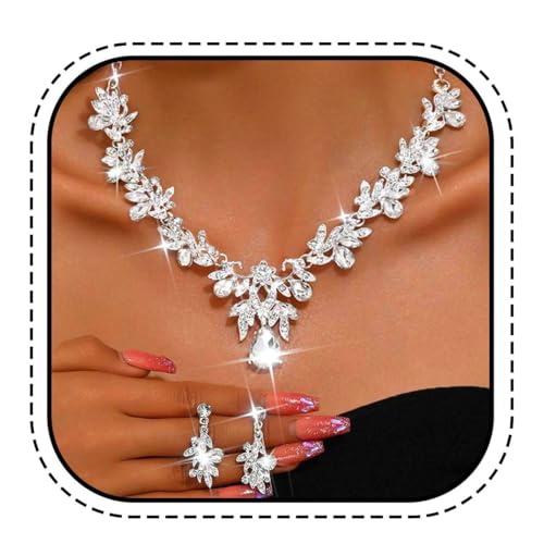 Rhinestone Bridal Wedding Jewelry Sets Gold Necklace Earrings Set Leaf Prom Formal Costume Jewelry Set for Women and Brides - color: Silver