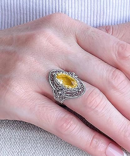 Filigranist 925 Sterling Silver Handcrafted Filigree Art Flower Pattern Woman Oval Statement Ring, Gift Boxed - color: Citrine