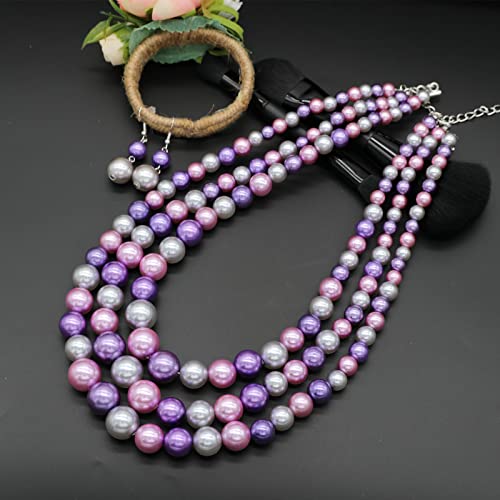 Chunky Layered Imitation Pearl Necklace for Women 3 strand Pearl Necklaces Faux Pearl Necklace Earrings Set 1920s Flapper Gatsby Costume Accessories - color: 3 strand pearl necklace purple grey